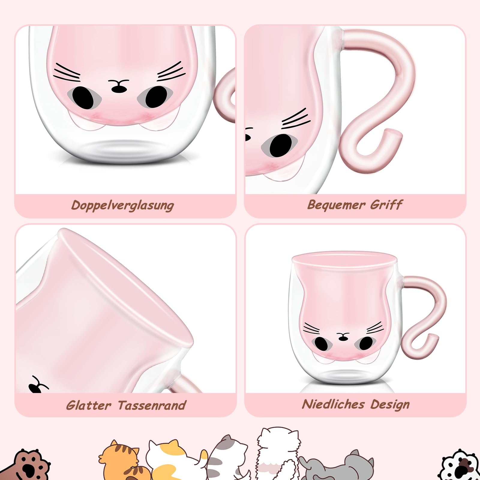 Tazza Gatti Doppia Parete - 300 Ml, Vetro, Per Caffè E Tè, Regalo Donne - Foto 5