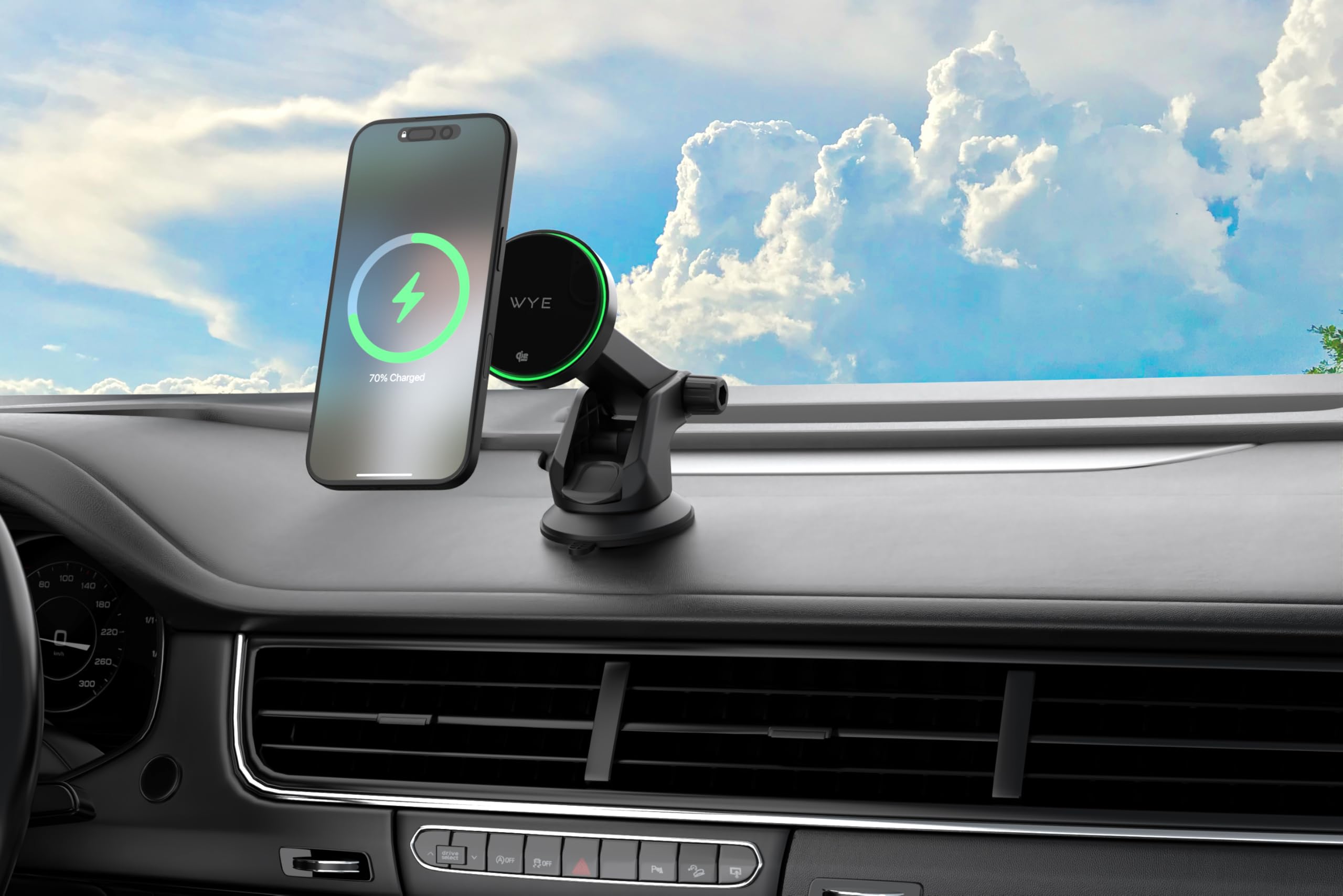 WYE Caricabatterie magnetico wireless da auto da 25 W con ricarica rapida Q12.2-MPP, supporto da cruscotto USB-C e indicatore LED per smartphone Qi, nero