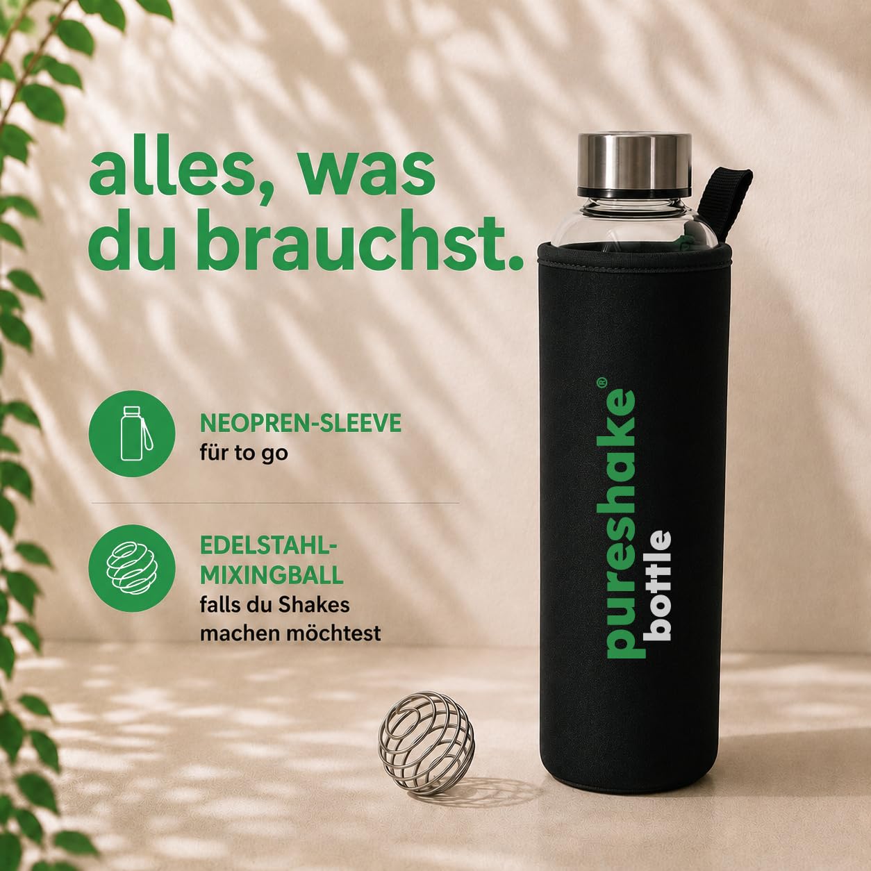 1 Liter GLASSFLASCHE EDELSTAHLFLASCHE | 100% Glas und Edelstahl | 0% Kunststoff | Trinkflasche aus Glas mit Sleeve, easyclean 1000ml