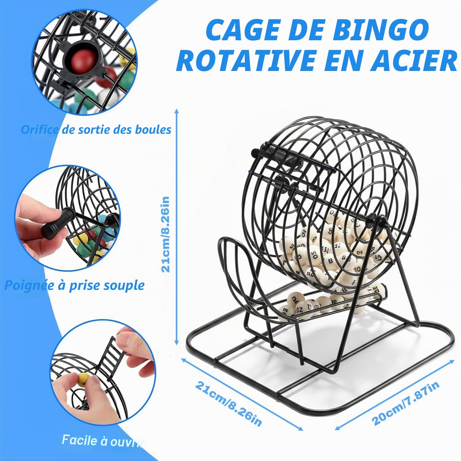 Jeu de bingo Lucky Ball, ensemble de vin traditionnel, cage de bingo professionnelle et boules de bingo avec plateau de bingo - 4 choix de couleurs