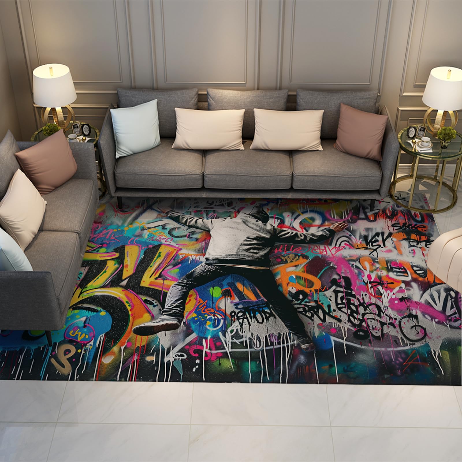 Tapis pop art 150x180cm grand format style graffiti coloré hippie pour maison