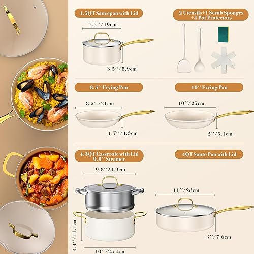 Miniatura 6 de PekGema Ollas y sartenes de cerámica antiadherentes, 15 unidades y sartén antiadherente de cerámica Hybird de 10 pulgadas