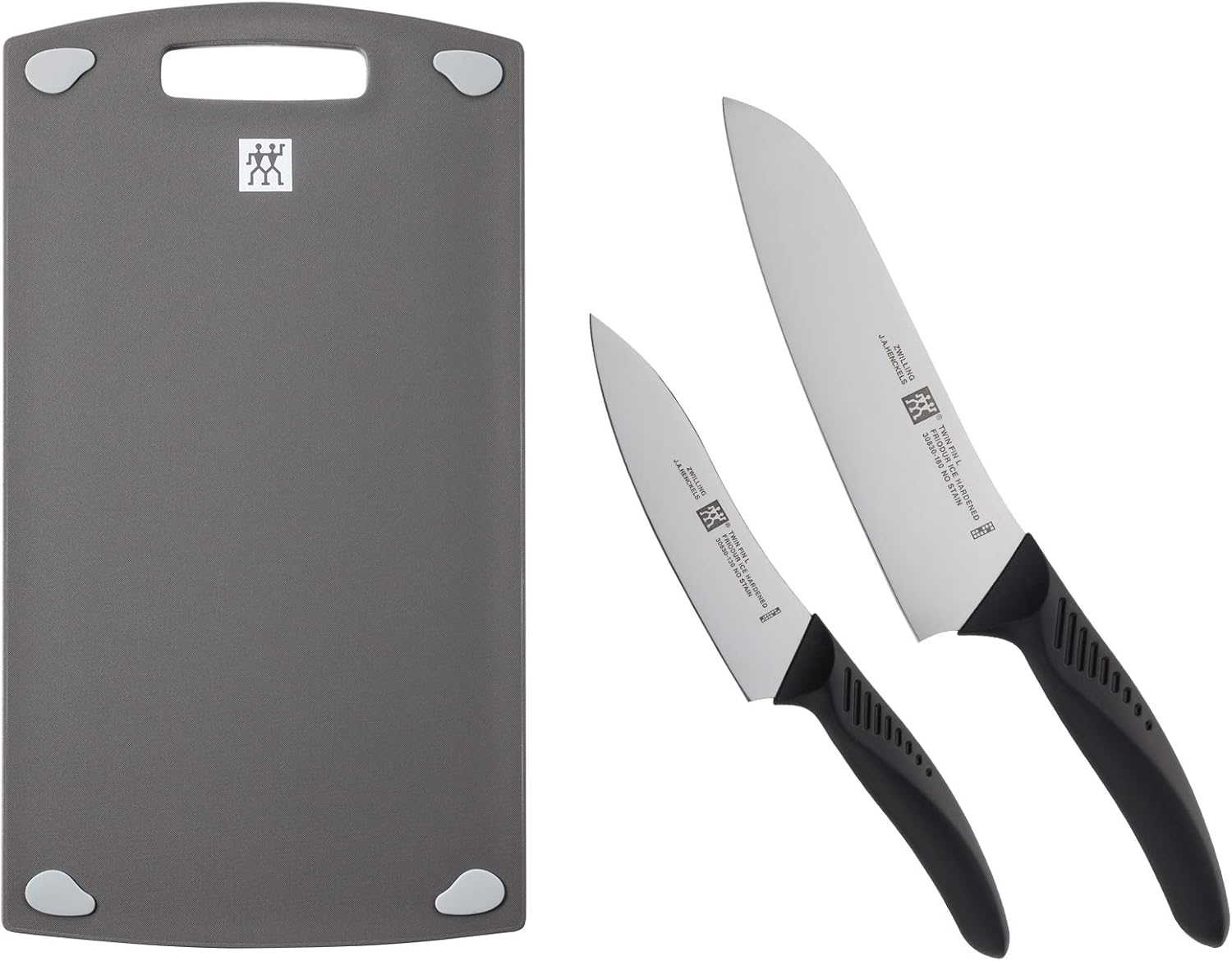 Zwilling 30830-010 Twin Fin L Multi-Purpose/Petty/Cutting Board, Set of 3, Santoku Knife, Cutting Board, Gift, Stainless Steel, Dishwasher Safe