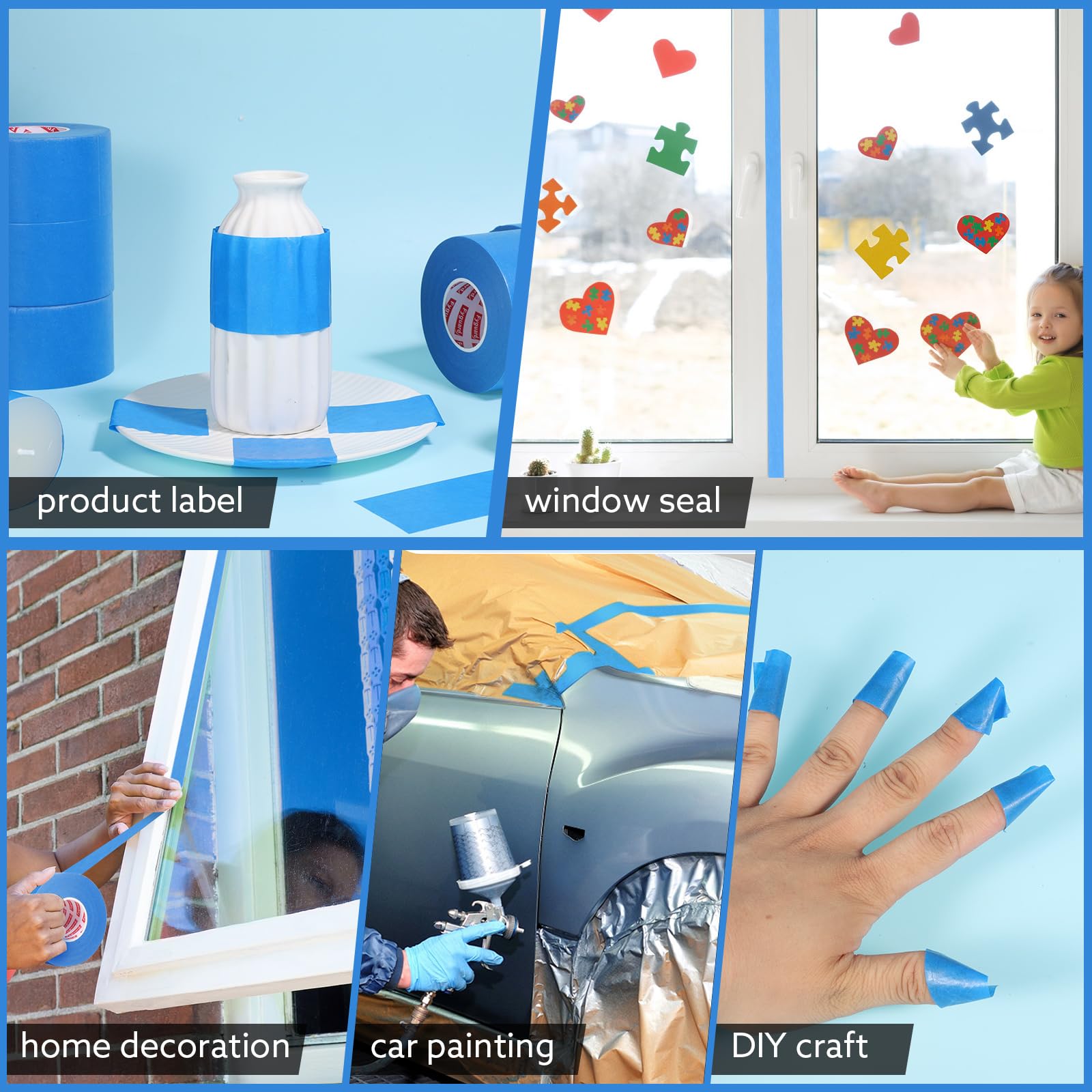 10 rollos de cinta adhesiva de pintor, 48 mm x 50 m, color azul, para trabajos de pintura, resistente al calor, para pintar, renovar