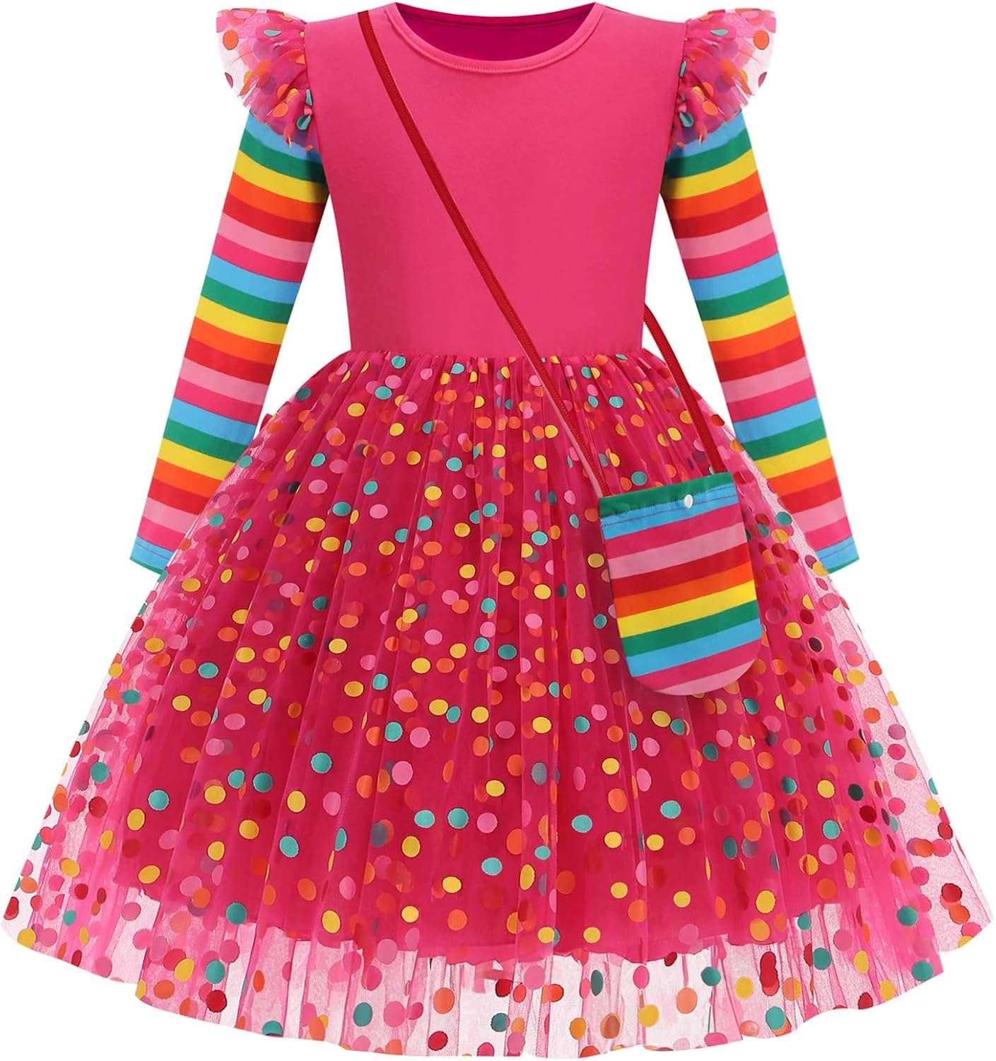 Toddler Girls Dresses Long Sleeve Rainbow Polka Dot Tutu Dress Fall Winter School Holiday Party Casual Dress 3-8Y