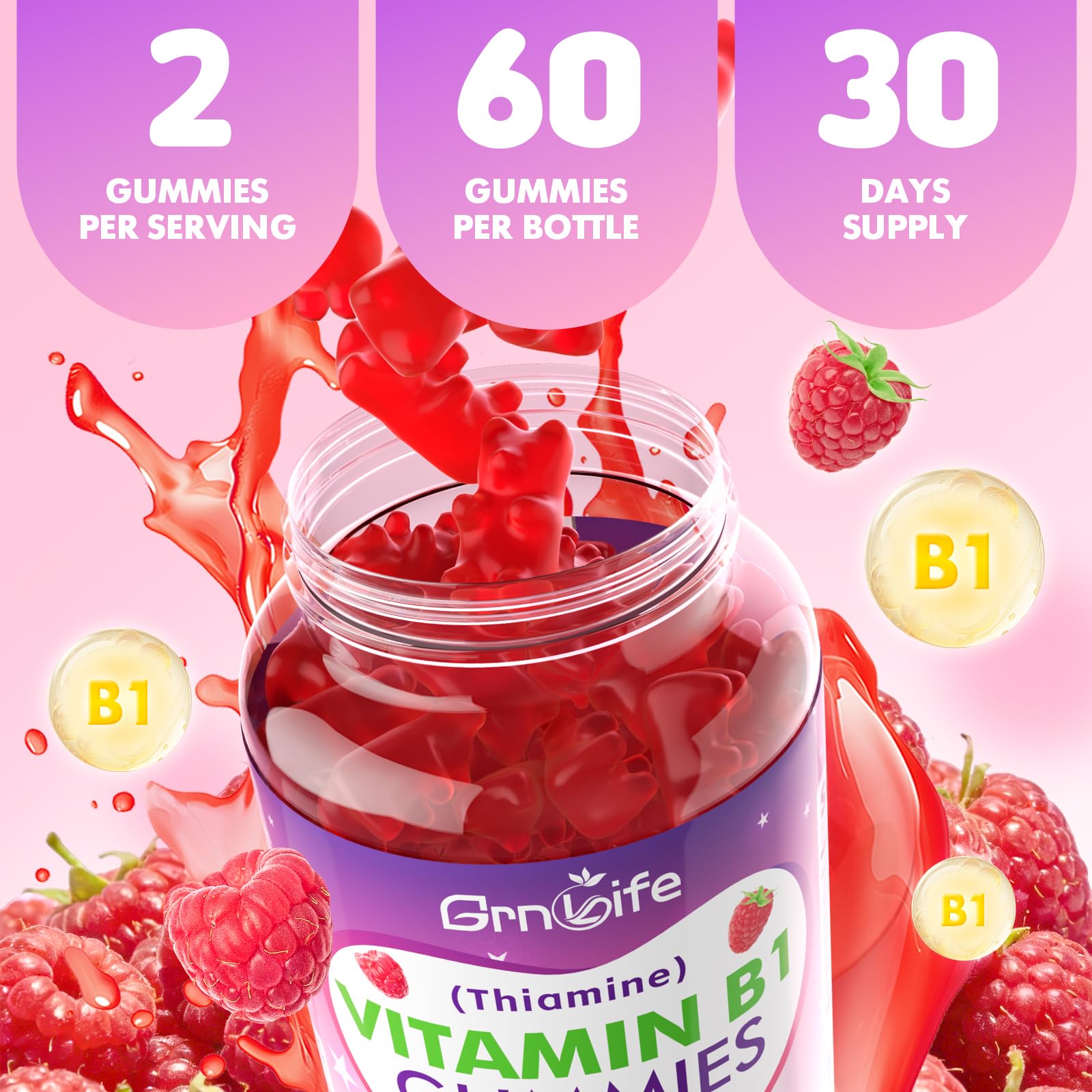 2 Pack Vitamin B1 Gummies 500mg for Adults & Kids – High Potency Thiamine B1 Supplement for Energy & Nervous System Support, Sugar-Free, Raspberry Flavor, 120 Count — Amazon image 7