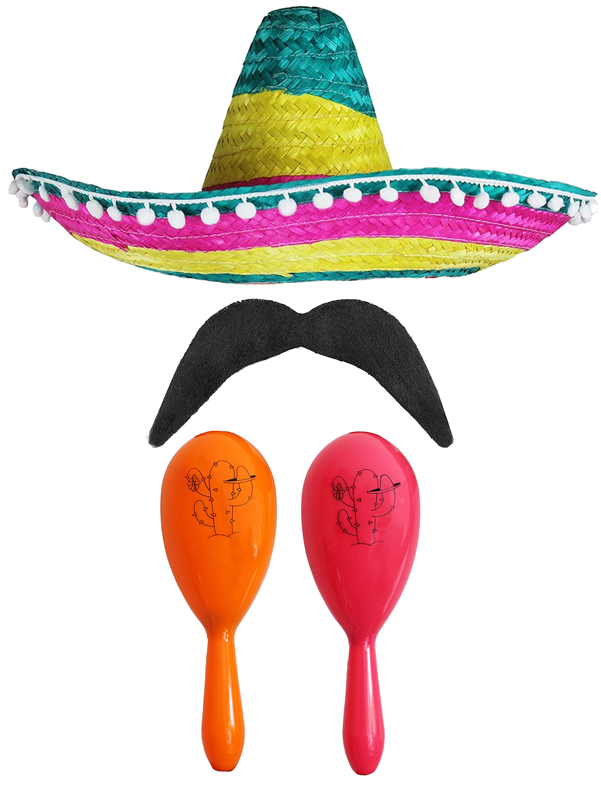 Adults Mexican Accessory Set - Multicoloured Mexican Sombrero, Orange & Pink Maracas, Moustache - Mexican Cinco de Mayo Sensorita Bandit Mariachi Fancy Dress Costume Accessory Set