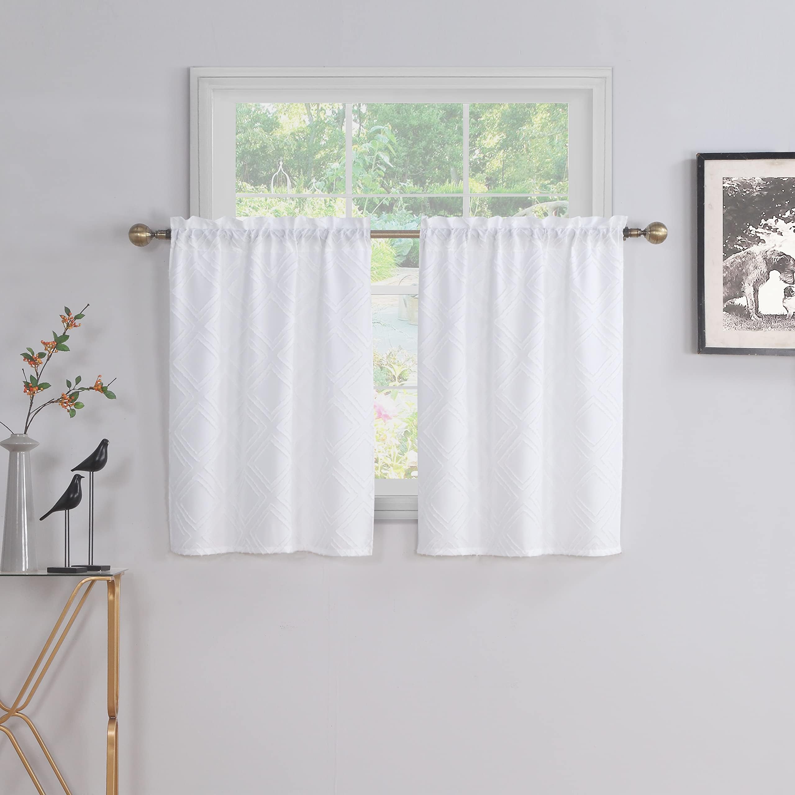 Luxury Solid Geometric Pattern Tier Curtains for Bedroom Living Room Modern White Jacquard Rod Pocket Curtain Window Drapes (30"X36")