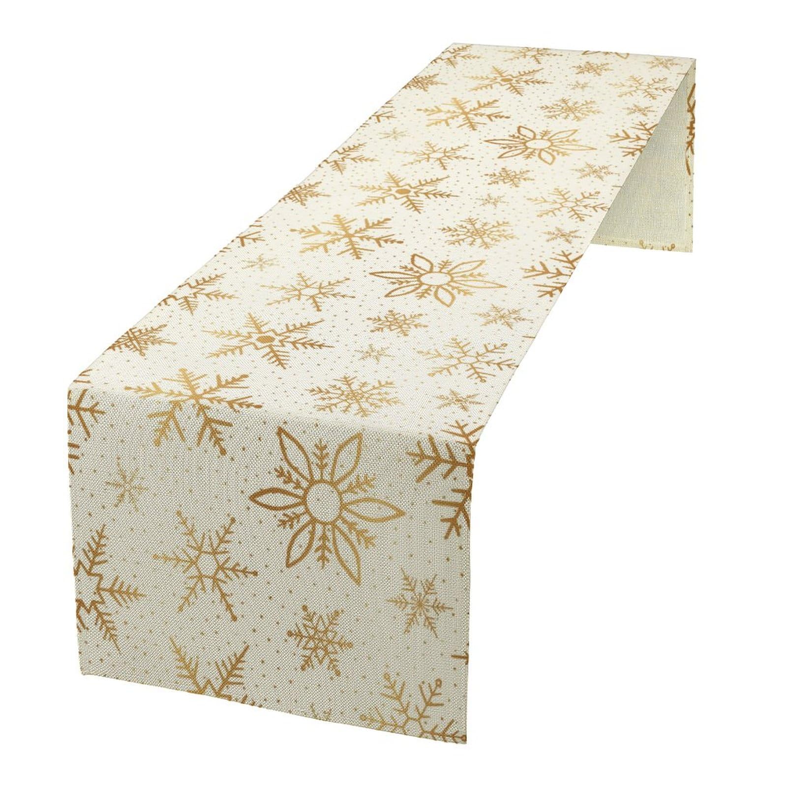 Christmas Snowflake Table Runner, Seasonal Winter Xmas Holiday Gold Snowflake Print Table Runner for Farmhouse Indoor Outdoor Party Decor 13x36 Inch