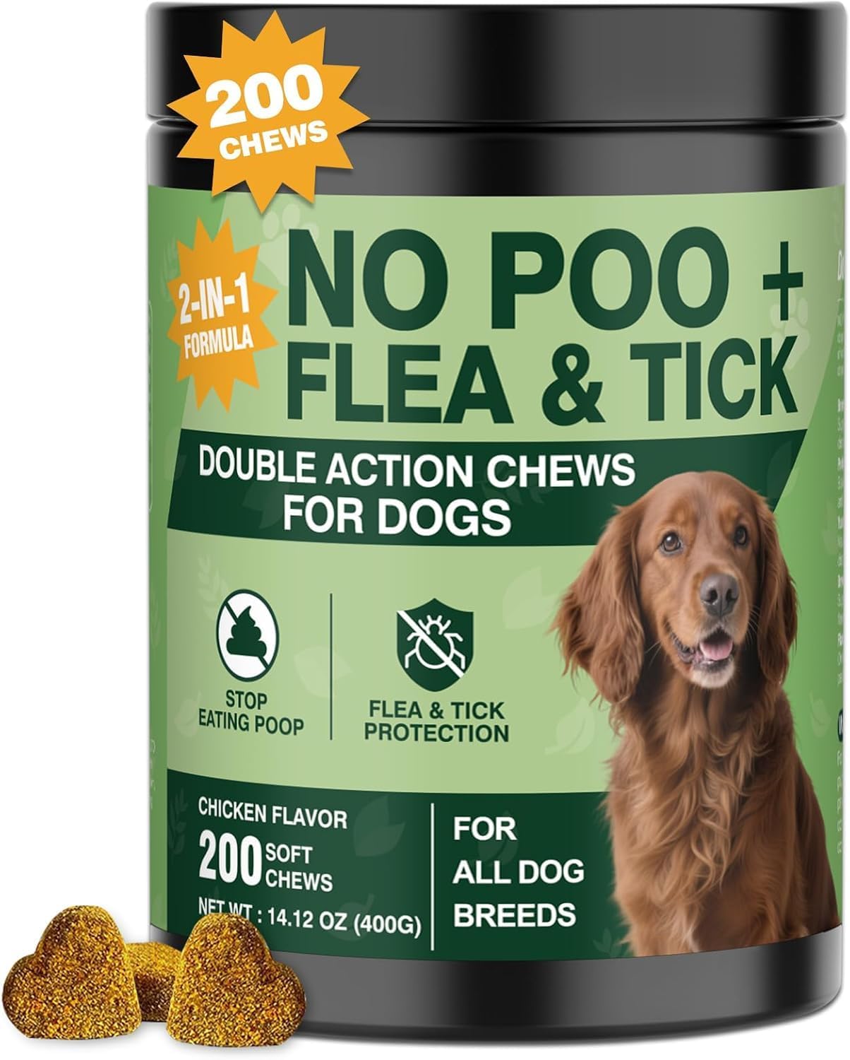 200 Chews No Poo Chew for Dogs-Flea and Tick Prevention Chews-2 in 1 Control Coprophagia & Flea Tick Supplement-Natural Soft Treats Deterrent Eat Poop with Digestive Enzymes Probiotics-Chicken