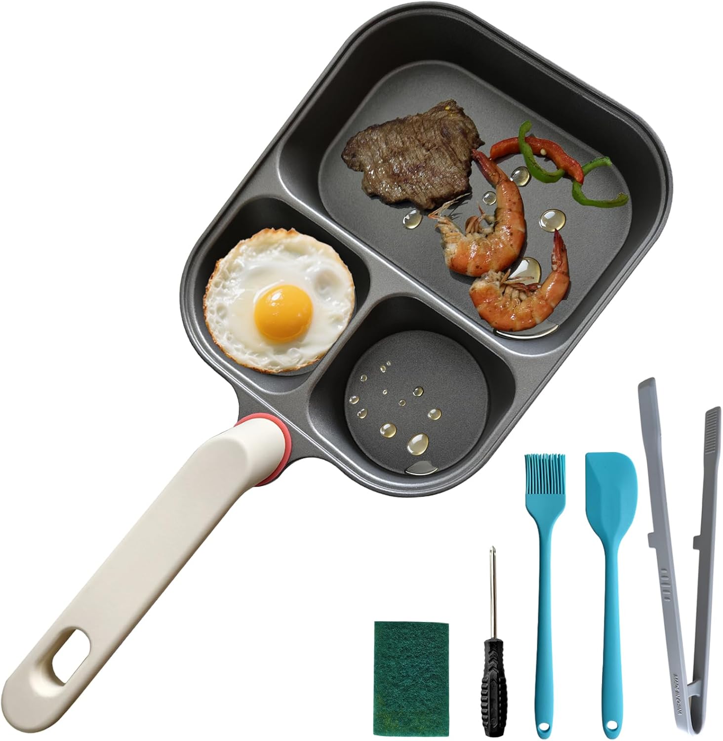 9.25" Titanium Nonstick Divided Egg Pan, 3-In-1 Breakfast Skillet with 2 Round & 1 Square Compartments, Induction & Gas Compatible, PFOA/PTFE Free, Cook Eggs, Pancakes & Bacon Simultaneously