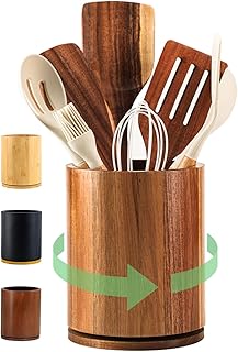 Wooden Utensil Holder, 360°Rotating 7.3'' Large Utensil Holder for Kitchen Counter, Kitchen Utensil Organizer, Utensil Crock, Farmhouse Kitchens Countertop Decor, Acacia Wood