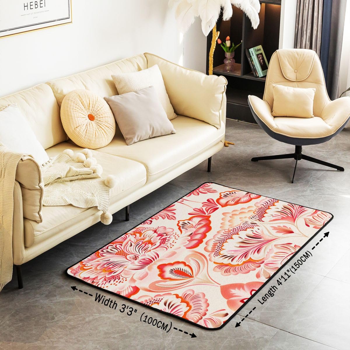Loussiesd Tapis Salon 100x150cm Paisley Tapis Chambre Exterieur Intérieur Indien Style Antidérapant,Doux Boho Paisley Imprimer pour Salon et Chambre Bohème Exotique Style Lavable Rose Jaune et Blanc