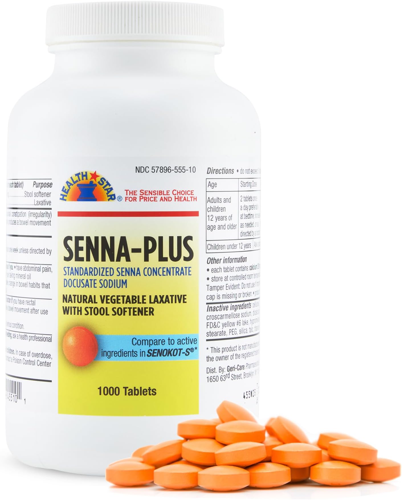 Senna Plus Laxative Tablets, 50 mg / 8.6 mg Strength, Docusate Sodium/Sennosides (1,000 Tablets)