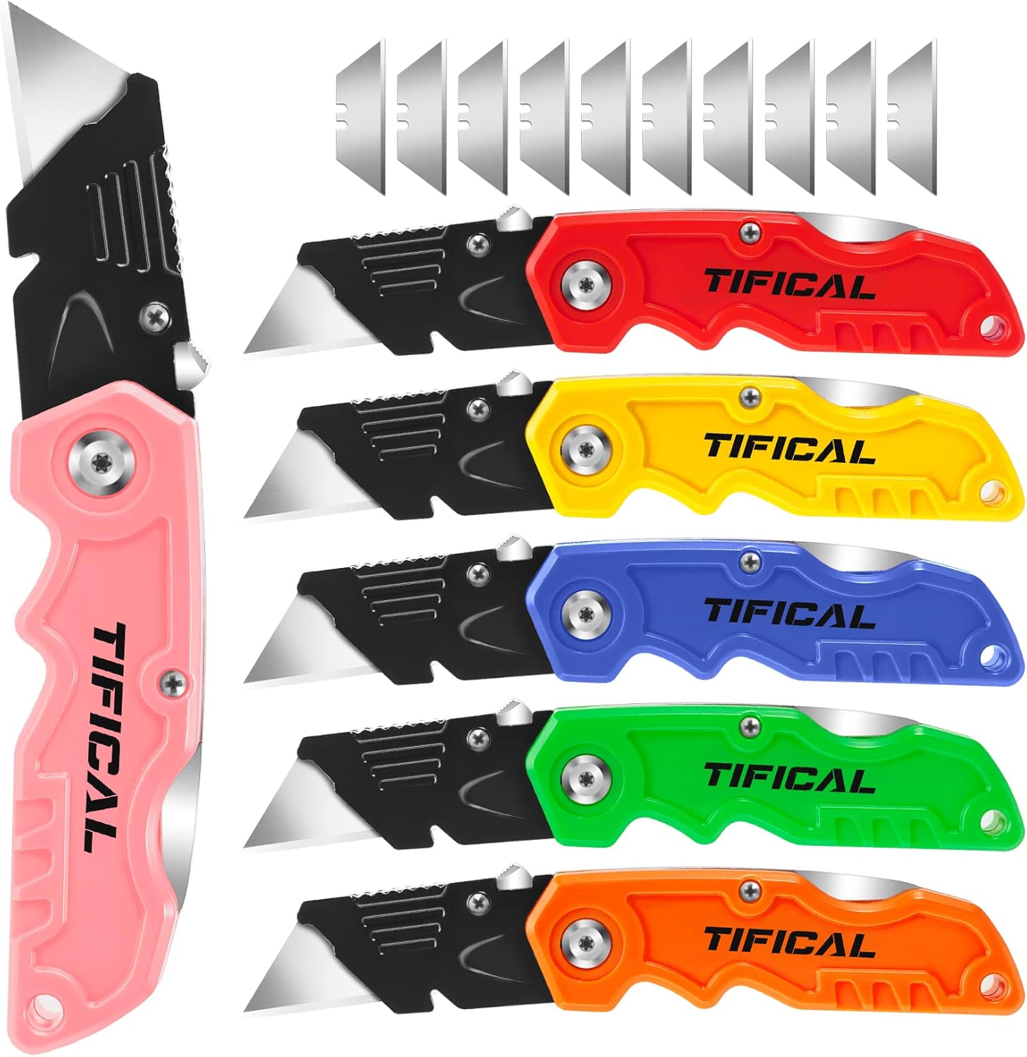 4 Pack Box Cutter Folding Utility Knife, Extra 10 Blades Included, Quick Change Blades, Lock-Back Design, Box Cutters for Carton, Cardboard, Boxes, Razor Knife Box Opener