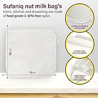 Vista 5 de Sufaniq Bolsa de leche de nueces, paquete de 2 (12 x 12 pulgadas), bolsa de estopilla de nailon 100% puro, colador reutilizable de alta calidad