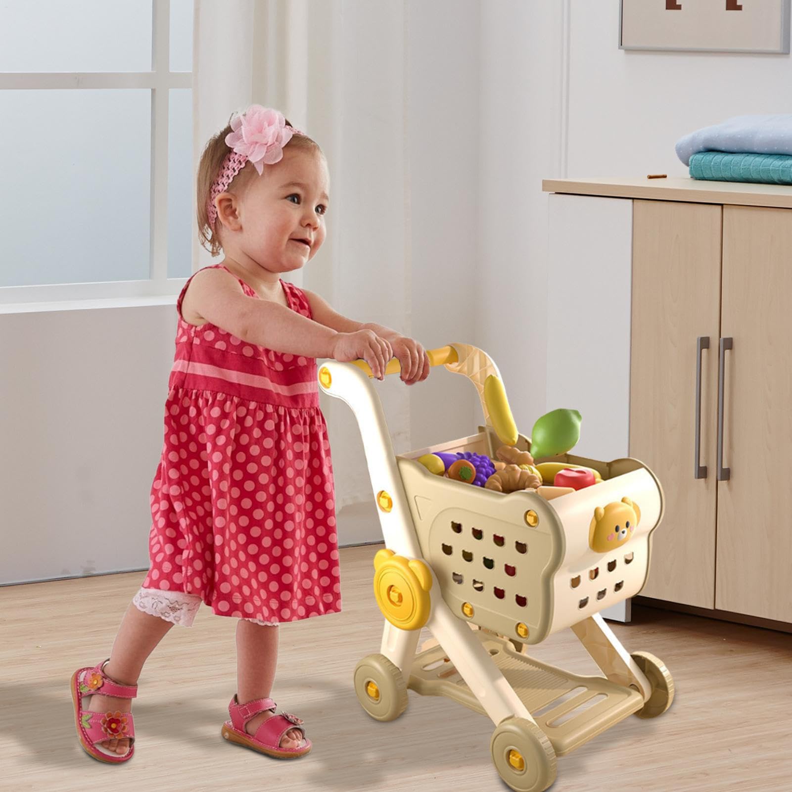 Kids Shopping Cart, Toddler Grocery Toy Set, 10.63x15.75x19.69 inches Pretend Play with Fruit and Vegetables, Educational Role-Play Kit for Preschool Boys Girls Family Activities
