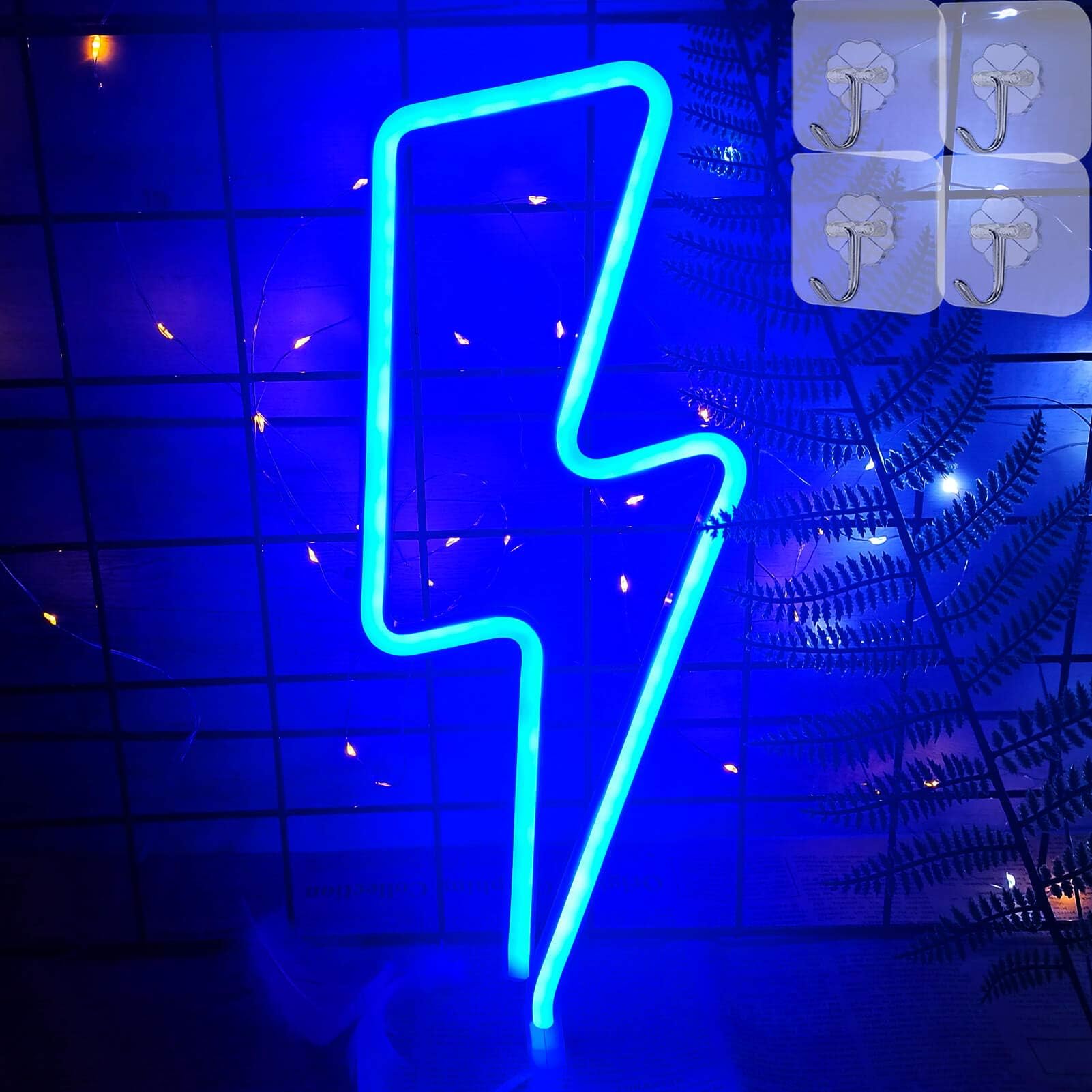 VIFULIN Blue Lightning Bolt Neon Light LED Lights for Bedroom Lightning LED Lights Neon Wall Light for Teen Girls Gifts USB/Battery Blue Neon Signs with 4 Hooks Lightning Neon Light Signs for Wall