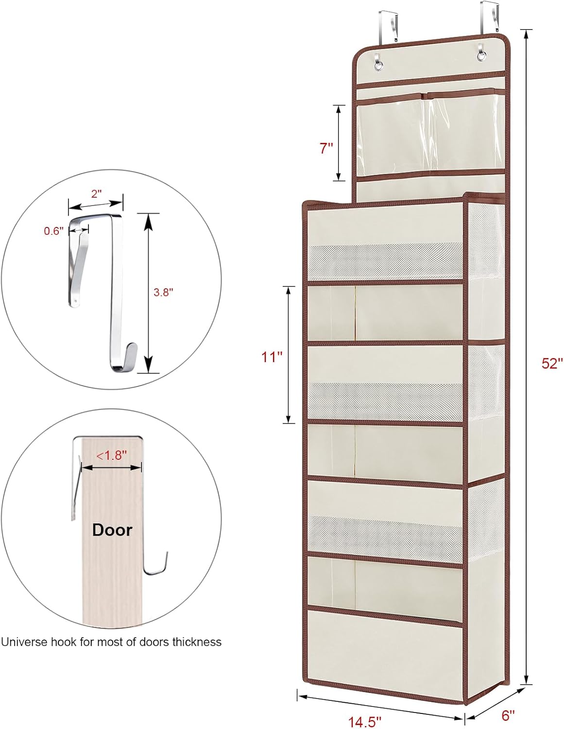 Univivi Over Door Hanging Organizers and Storage Nursery Closet Cabinet Baby Storage with 4 Large Compartments 2 Small PVC Pockets with 6 Side Pockets for Cosmetics, Toys and Sundries (Beige)