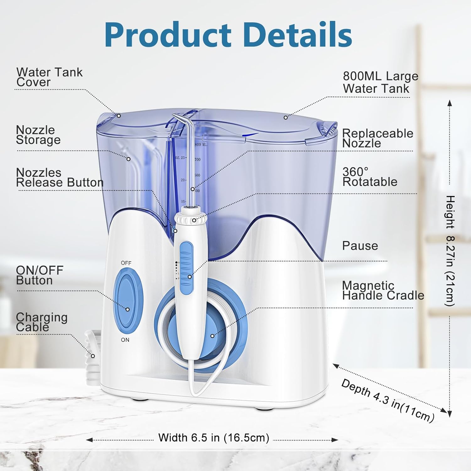 Idropulsore dentale per la pulizia dei denti con 12 punte multifunzionali e capacità di 800 ml, irrigatore orale professionale da banco design silenzioso (HF-9 Whisper)