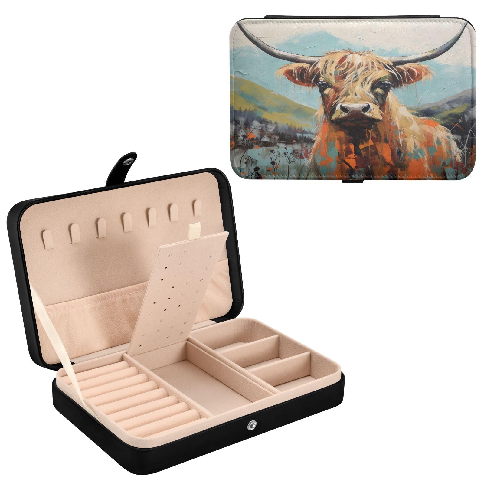Haskirky Highland Jewelry Box Portable PU Leather Travel Jewelry Organize for Women Jewelry Storage Display Holder for Ring, Necklace, Earring