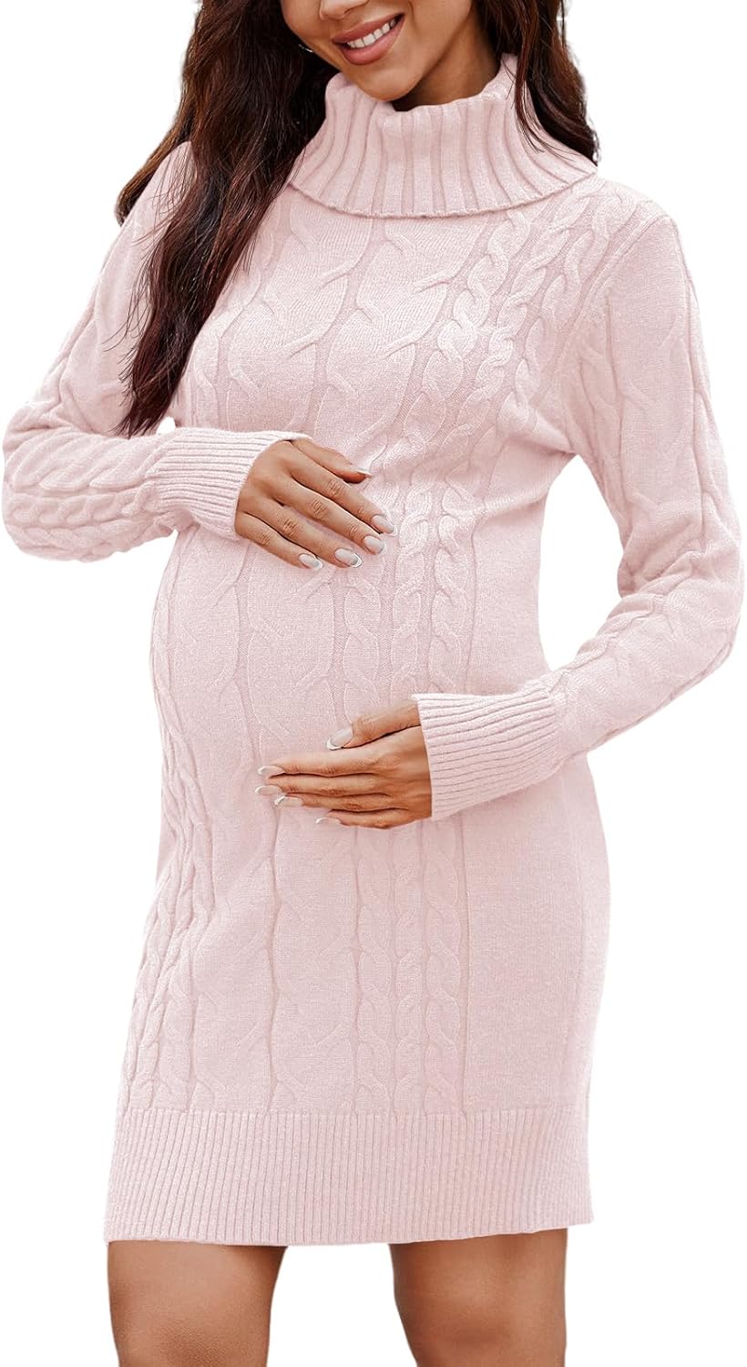 Langwyqu Womens Maternity Sweater Dress Cable Knit Sexy Bodycon Turtleneck Long Sleeve Mini Fall Sweaters Dresses