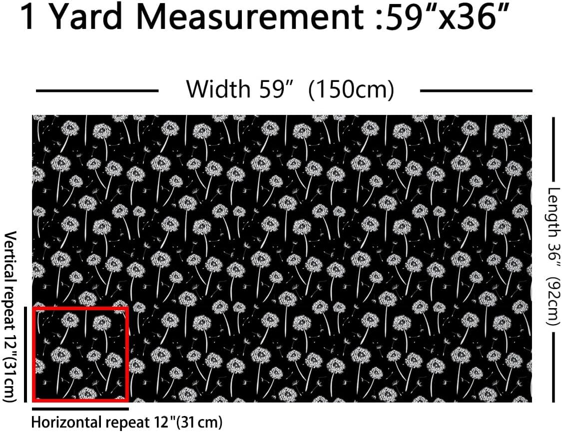 jejeloiu Kids Dandelion 2 Yards Fabric by The Yard Botanical Flower Floral Decorative Waterproof Outdoor Fabric Modern Art Black Upholstery Fabric for Chairs Outdoor Fabric