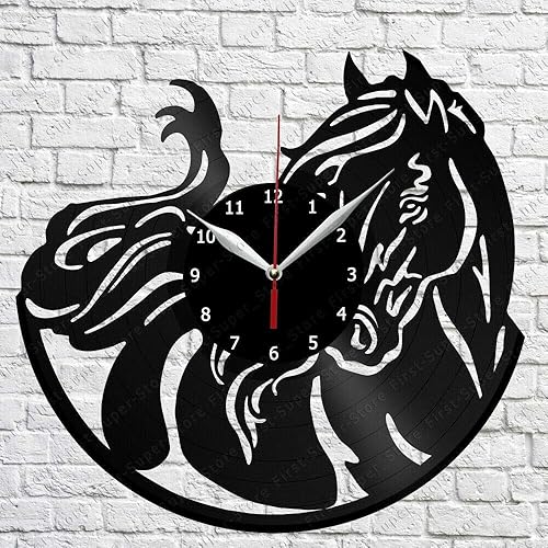 Reloj de pared de vinilo con diseño de caballo, registro LP, decoración del hogar, arte hecho a mano, regalo de personalidad 9 (tamaño: 12 pulgadas,