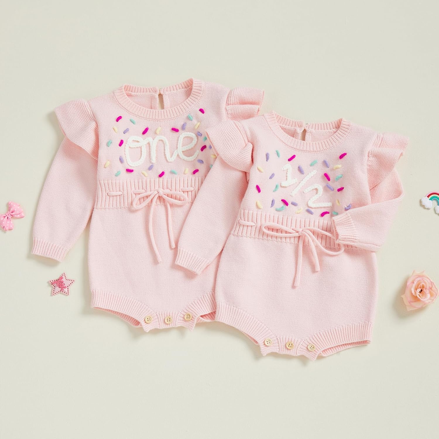 BULINGNA Baby Girl 1st 1/2 Birthday Outfit Long Sleeve Knit Letters Donut Embroidery Romper Sweater Fall Birthday Clothes - Image 7