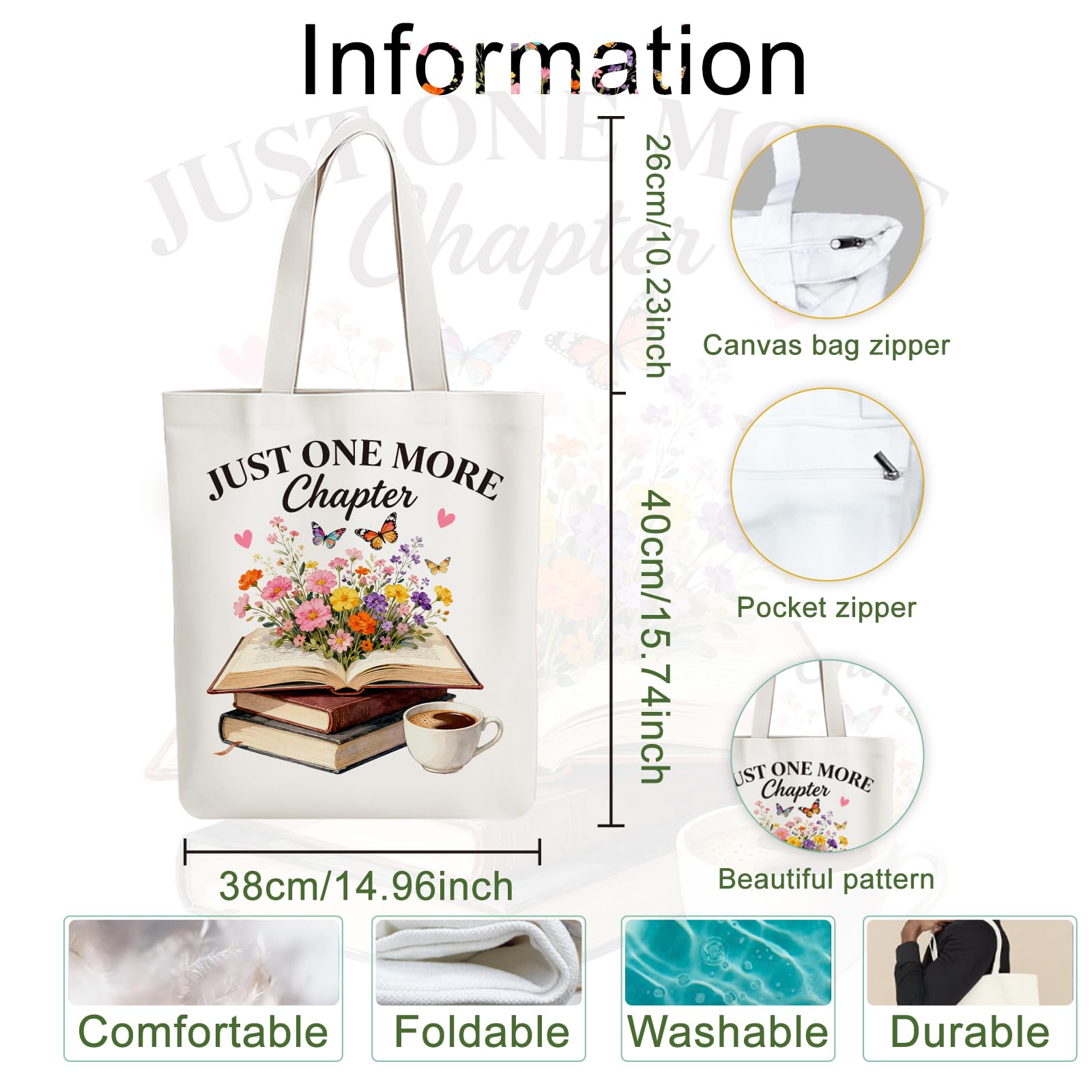 ANATTASOUL Borsa in cotone personalizzabile, con motivo a libro, in tela, regalo per donna, fidanzata, mamma, sorelle, moglie, compleanno, festa della mamma, con cremallera, 38 x 40 cm