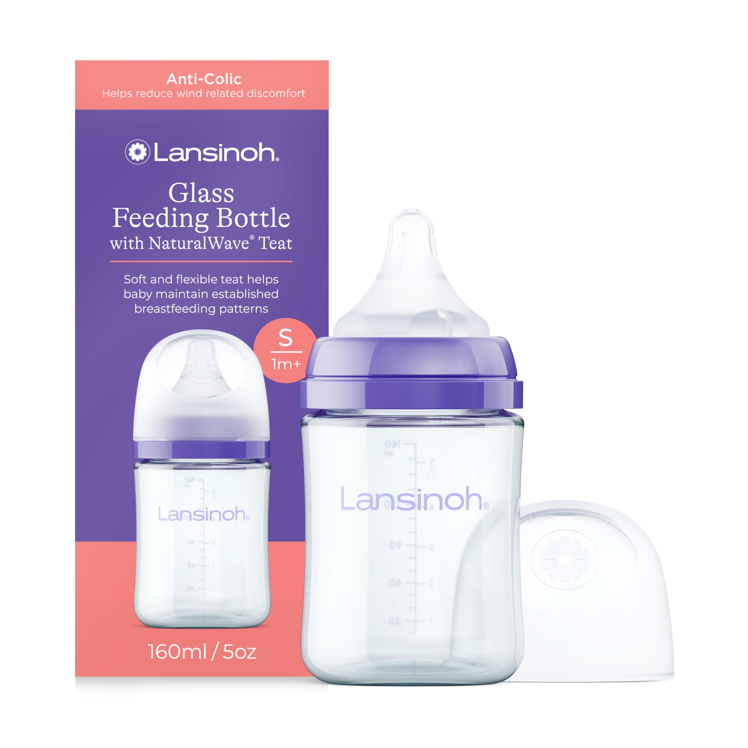 Lansinoh Anti Colic Glass Baby Bottle 160 ml - Slow Flow Teat