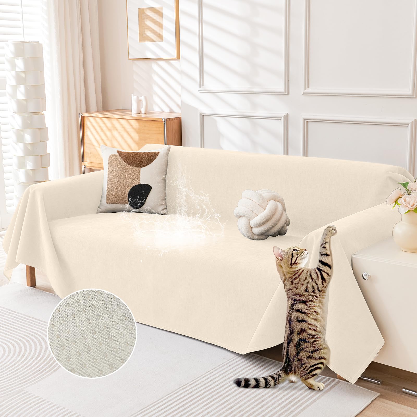 deep dream cat-scratch resistant couch cover, waterproof sofa cover for 3 cushion couch washable, pet friendly couch protectors anti slip thickened sofa slipcovers for dogs pets, 71" x 134", beige