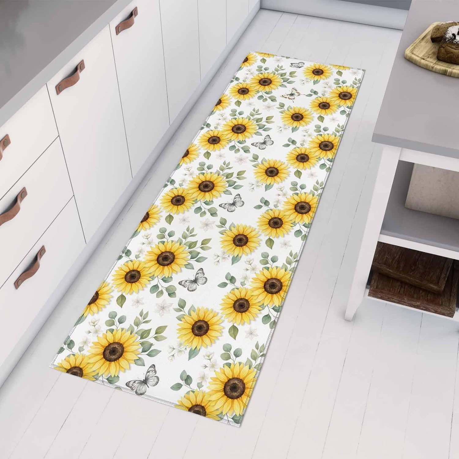 Kitchen Mats for Floor Yellow Sunflower Green Leaf Washable Non Slip Kitchen Rugs 1PCS, Country Pastoral Butterfly Plant Absorbent Standing Mats for Sink Bathroom Office Living Room 23.6x70.9in