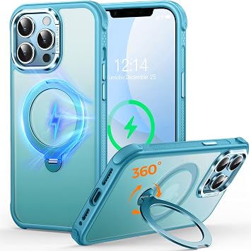O3 Mag-Stand Designed for iPhone 12/12 Pro Case with 360Spin Stand, [Compatible with mag Safe][Super Skin Feeling] Translucent Matte Magnetic Slim Phone Case 6.1 inch, Matte Lake Blue