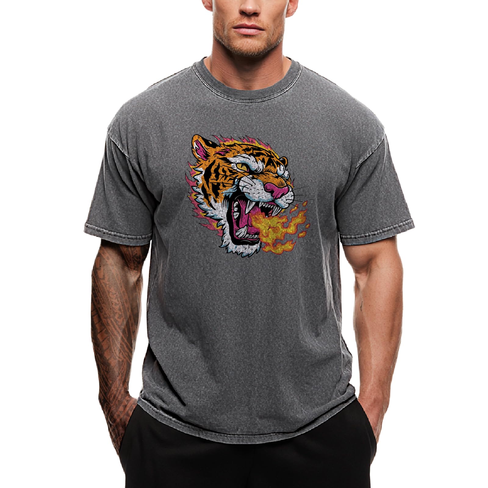 Mens Tshirt Cotton Acid Washed Oversized Breathable 2026 Summer Gym Street Casual Mens Clothing