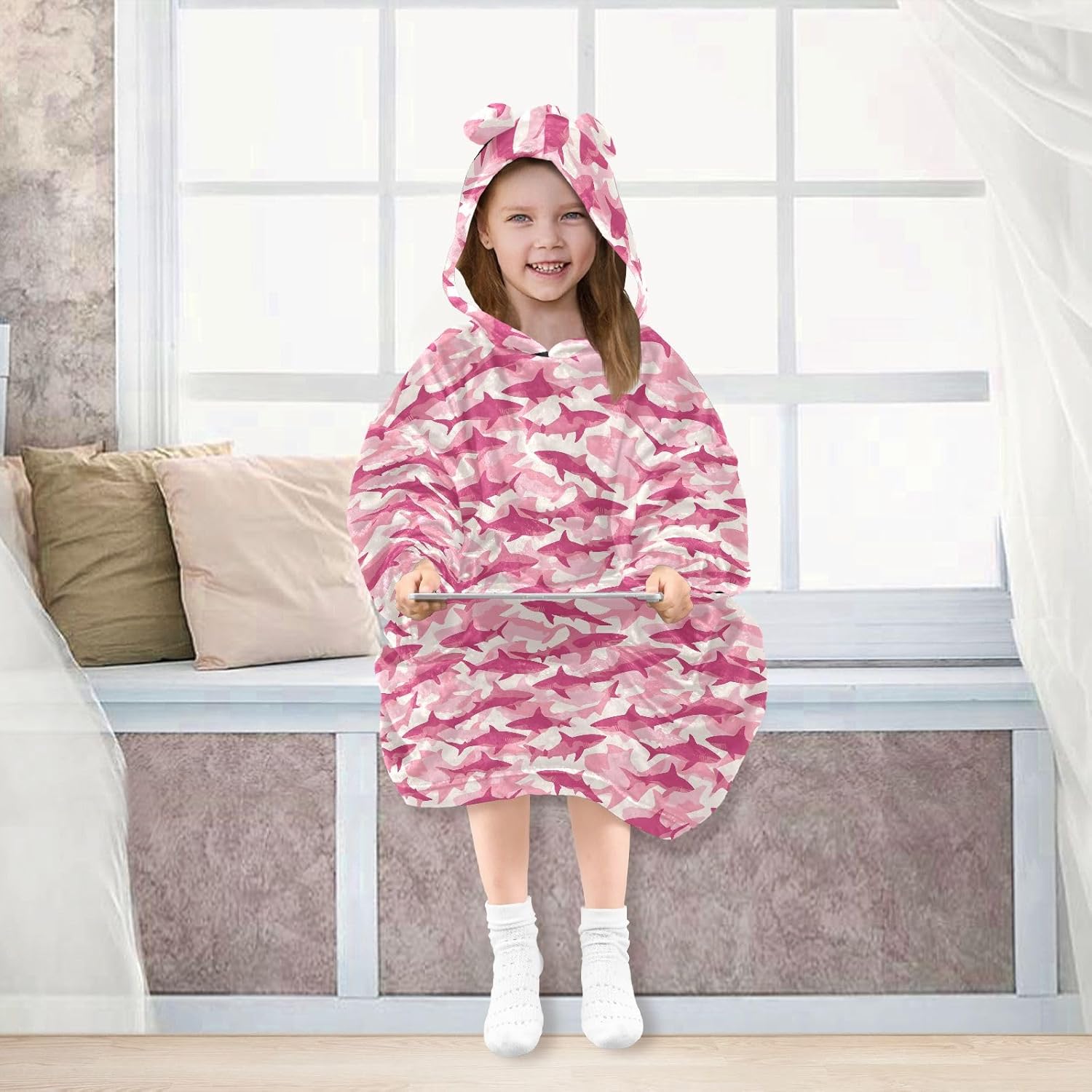 Pink Shark Pattern Wearable Blankets for Kids, Soft Warm Cozy Blanket Hoodie for Boys Girls with Pocket