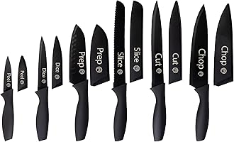 MasterChef Kitchen Knife Set with Covers, 6 Professional Chef Knives for Home Kitchens, Extra Sharp Cutting Stainless Steel Blades & Protective Sheaths, Soft-Touch Easy-Grip Handles, Essential Black