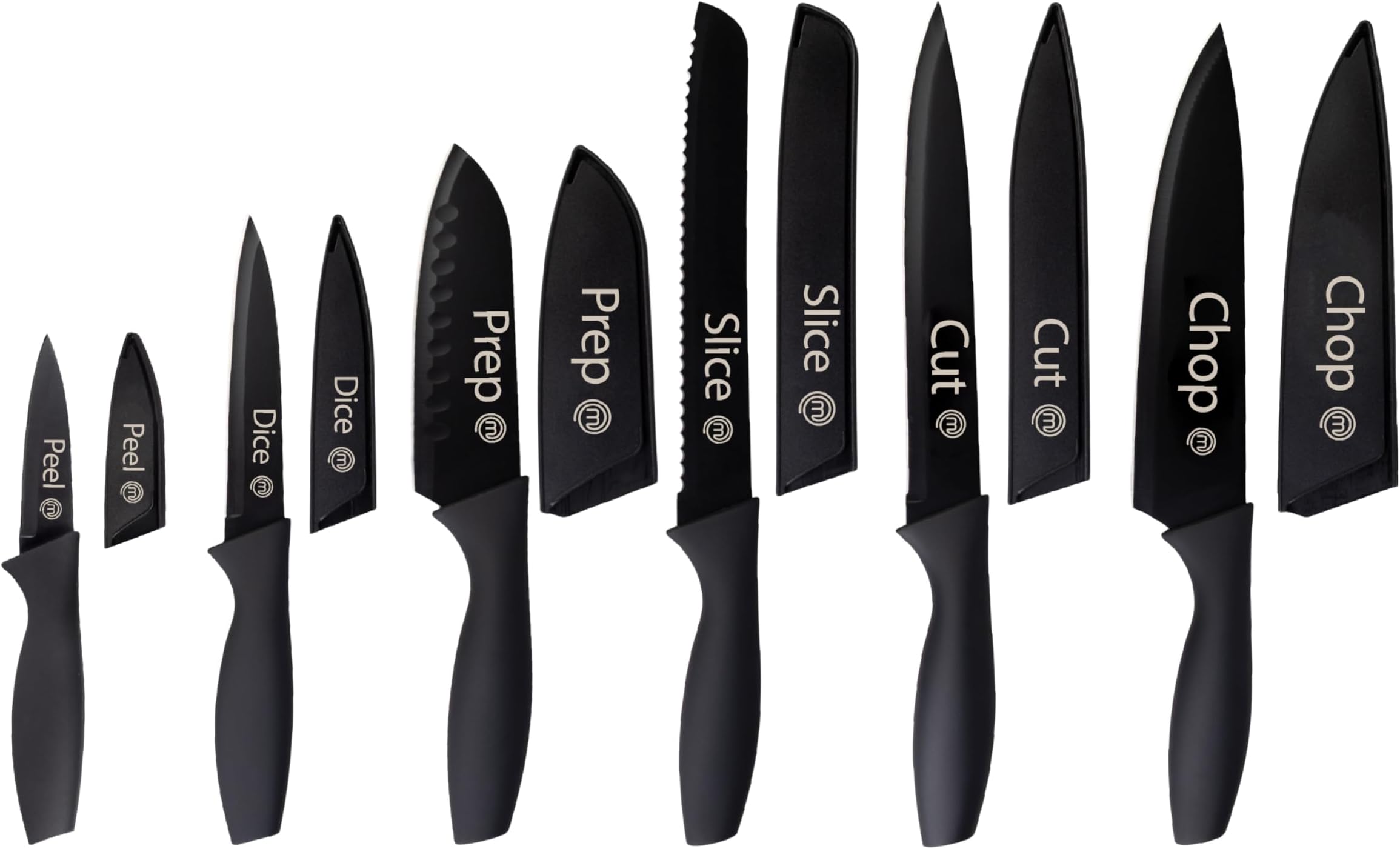Kitchen Knife Set with Covers, 6 Professional Chef Knives for Home Kitchens, Extra Sharp Cutting Stainless Steel Blades & Protective Sheaths, Soft-Touch Easy-Grip Handles, Essential Black