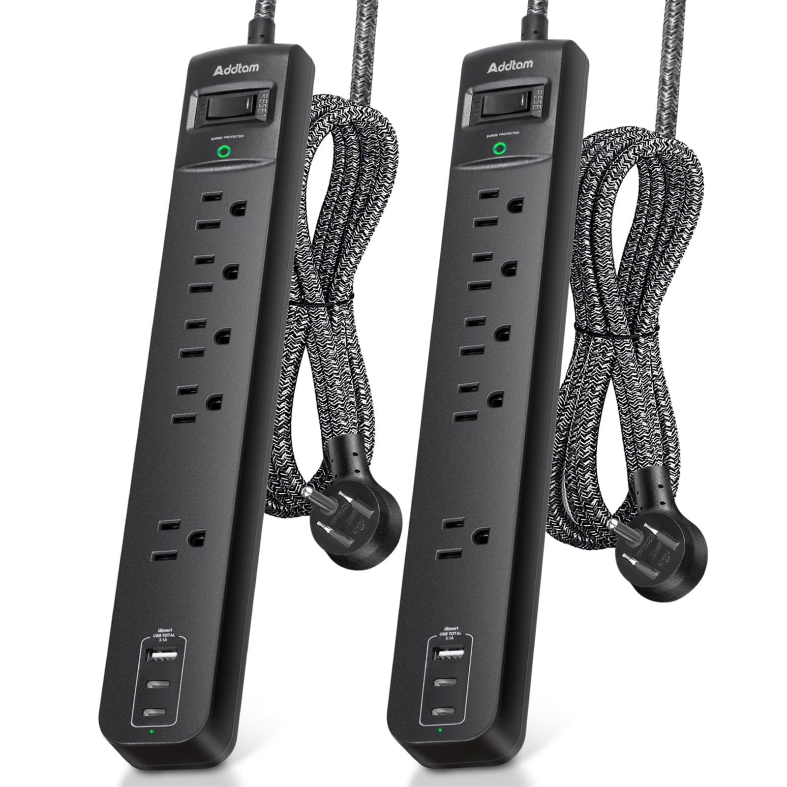 2 Pack Power Bar Surge Protector - 5 Widely Spaced Outlets 3 USB Charging Ports(2 USB C), 1875W/15A with 6Ft Braided Extension Cord, Flat Plug, Overload Surge Protection, Wall Mount for Home Office