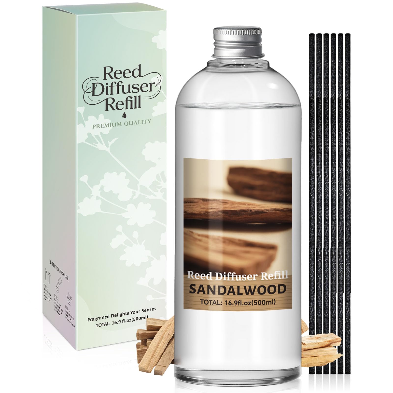 Scent-Hi Raumduft Nachfüller, Sandelholz 500ml, 6 Diffusorstäbchen, Nachfüller für Duftdiffusor, Reed Diffuser Refill, Raumbeduftung für Schlafzimmer, Badezimmer, Büro, Wohnkultur
