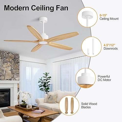 Miniatura 8 de WINGBO Ventilador de techo de 54 pulgadas sin luz, 5 aspas de madera maciza tallada, motor CC reversible de 6 velocidades, ventilador de techo con