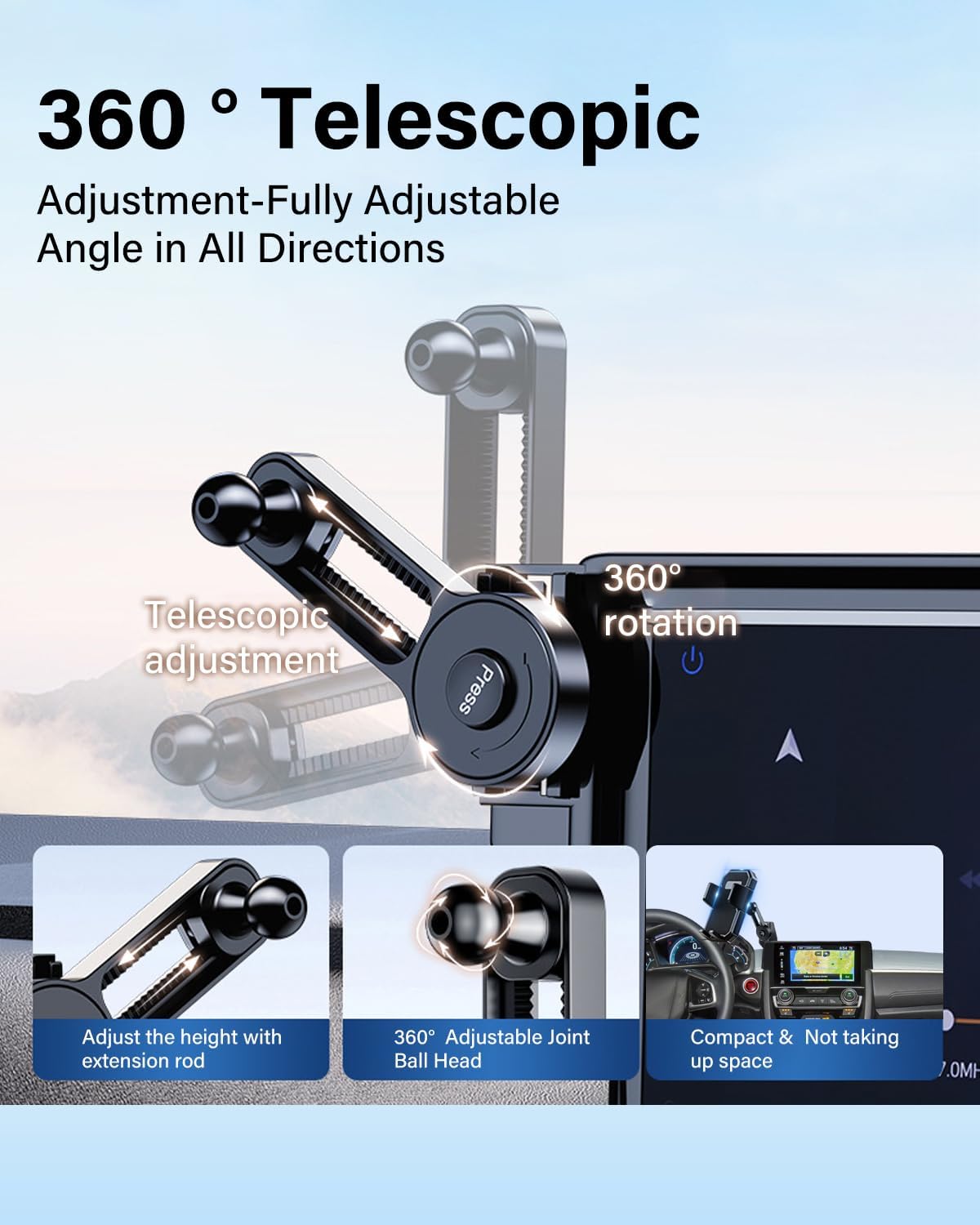 PZK Car Phone Mount for Honda Civic 2016-2021 LX/EX/Touring/Si/EX-L Accessories 10th Gen Car Phone Holder Only for 7-inch Screen Auto Lock Phone Cradles 360° Rotating Extension Rod Not Affect Vent