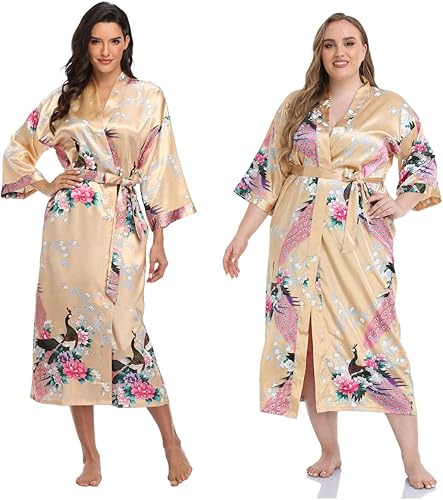 Super Shopping-zone Bata tipo kimono de seda larga floral para mujer, bata de satén con flores de pavo real