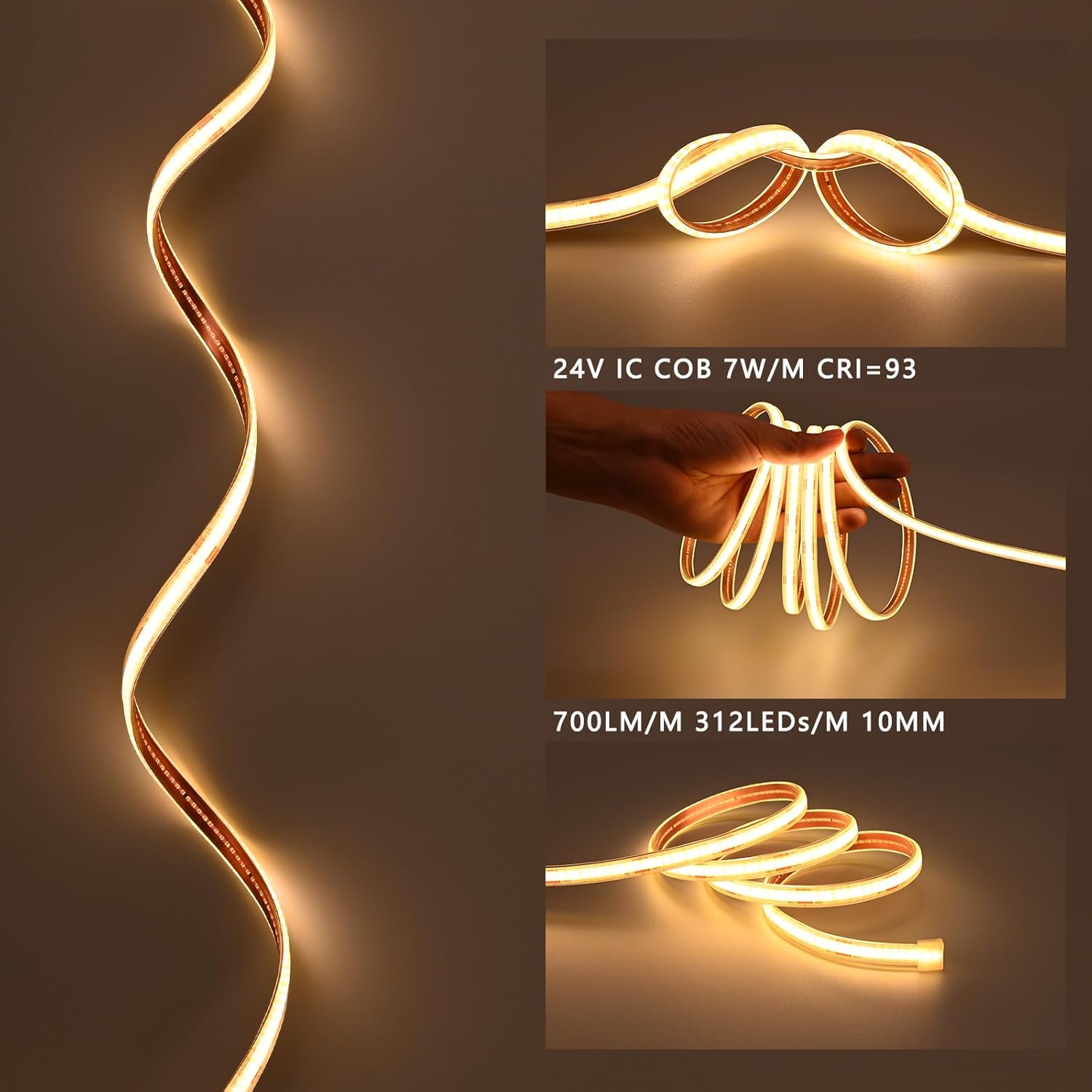 24V COB LED Strip Lights Outdoor Waterproof 65.6FT, 3000K Warm White Dimmable IP67 CRI 93 LED Rope Light with Power Supply for Bedroom Living Room Garden Commercial House