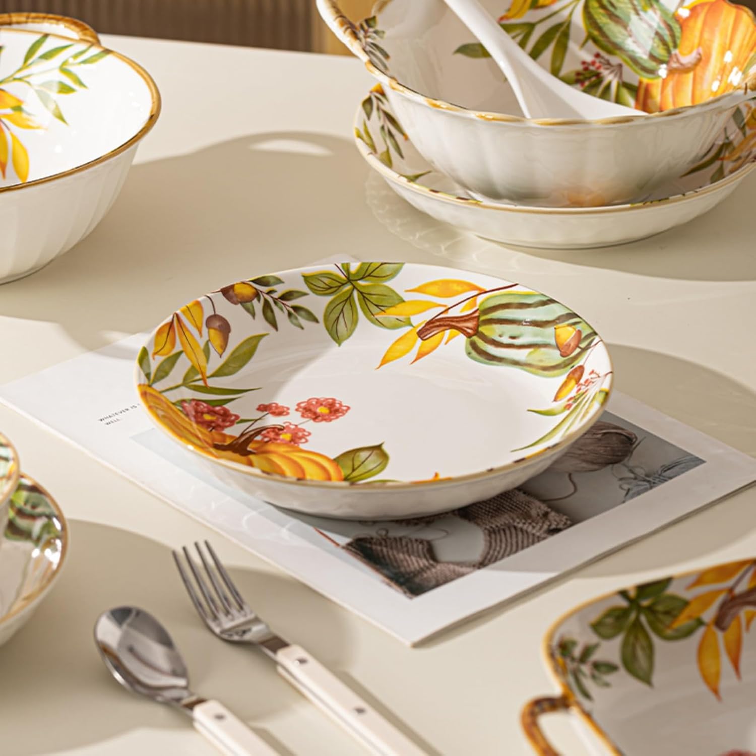 24-piece pumpkin pattern plates and bowls set - microwave and oven safe kitchen plates and bowls set, dishware sets for dining，fall dinnerware