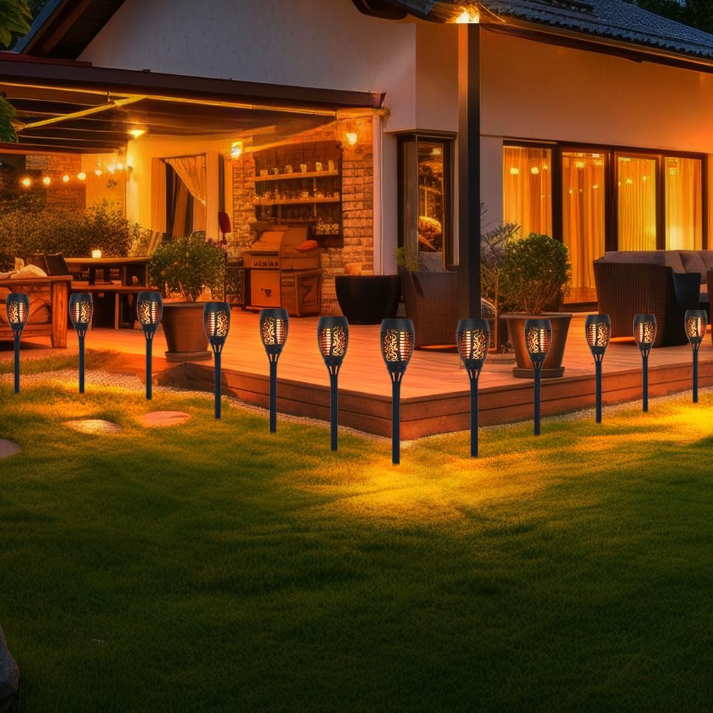 GLOBO Solar Flammen Fackeln Gartenleuchte Solarlicht im Freien Solarfackeln für Außen Flamme Solarleuchten Fackel für Außen, Feuereffekt, 12x LED, DxH 7,5x51 cm, 12er Set