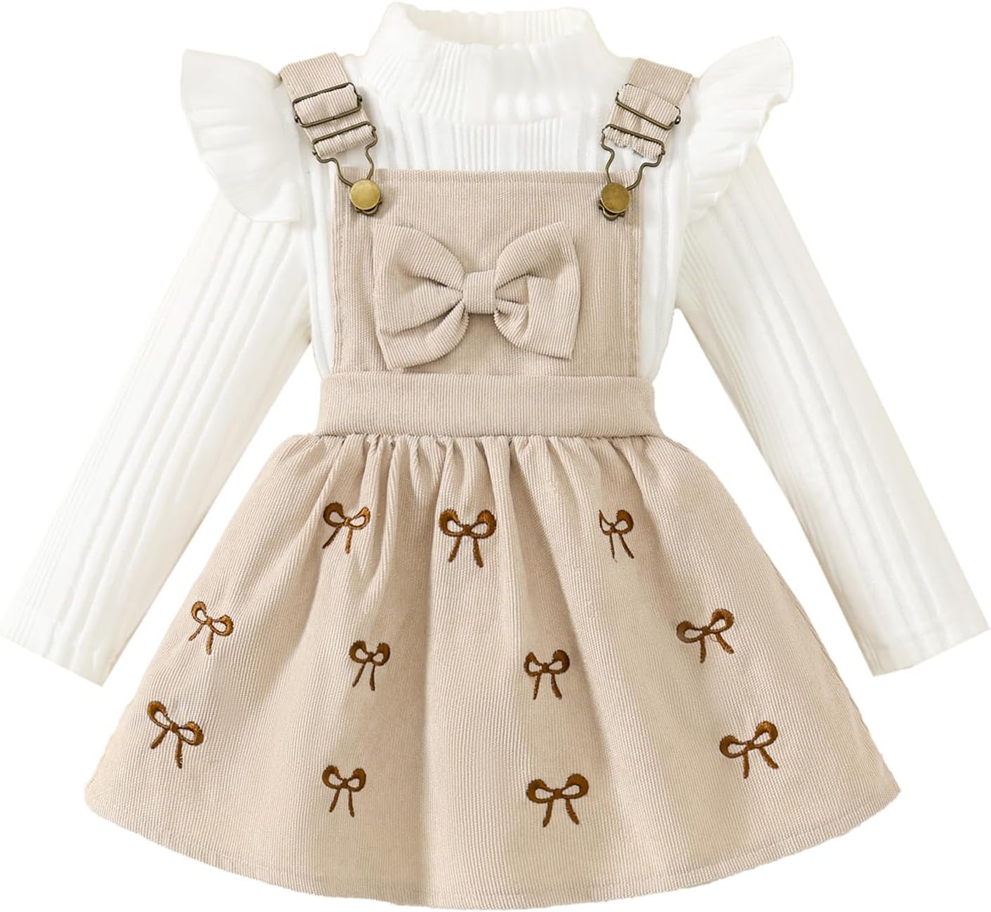 Toddler Baby Girl Outfits Long Sleeve Ribbed T-Shirt Bow Overall Dresses Suspender Skirt Set Fall Winter Clothes