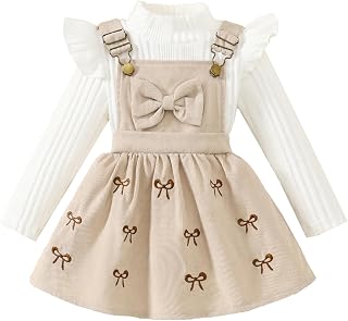 Toddler Girl Fall Winter Outfit Ribbed Top Corduroy Overall Dress | Baby Girl Corduroy Dress Set With Long Sleeve Ribbed Top, Suspender Skirt, Ruffle Bow Outfit for Christmas, Holiday, Birthday