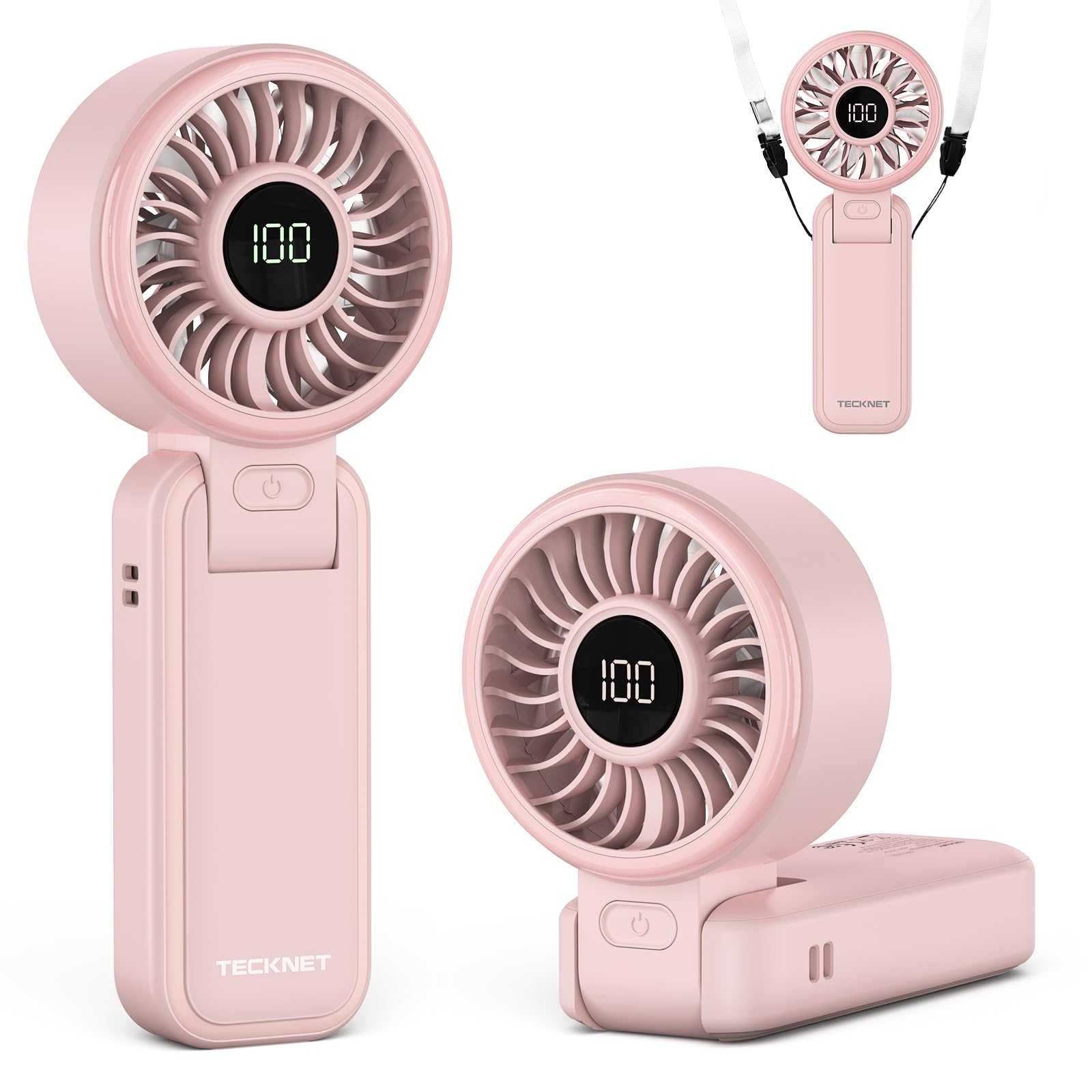 TECKNET Handheld Fan, Portable Fan with 5000mAh, Hand Held USB Rechargeable Fan with LED Display, 150° Foldable, 1-100 Speed Mini Electric Desk Fan for Travel Home Office Bedroom Outdoor, Pink