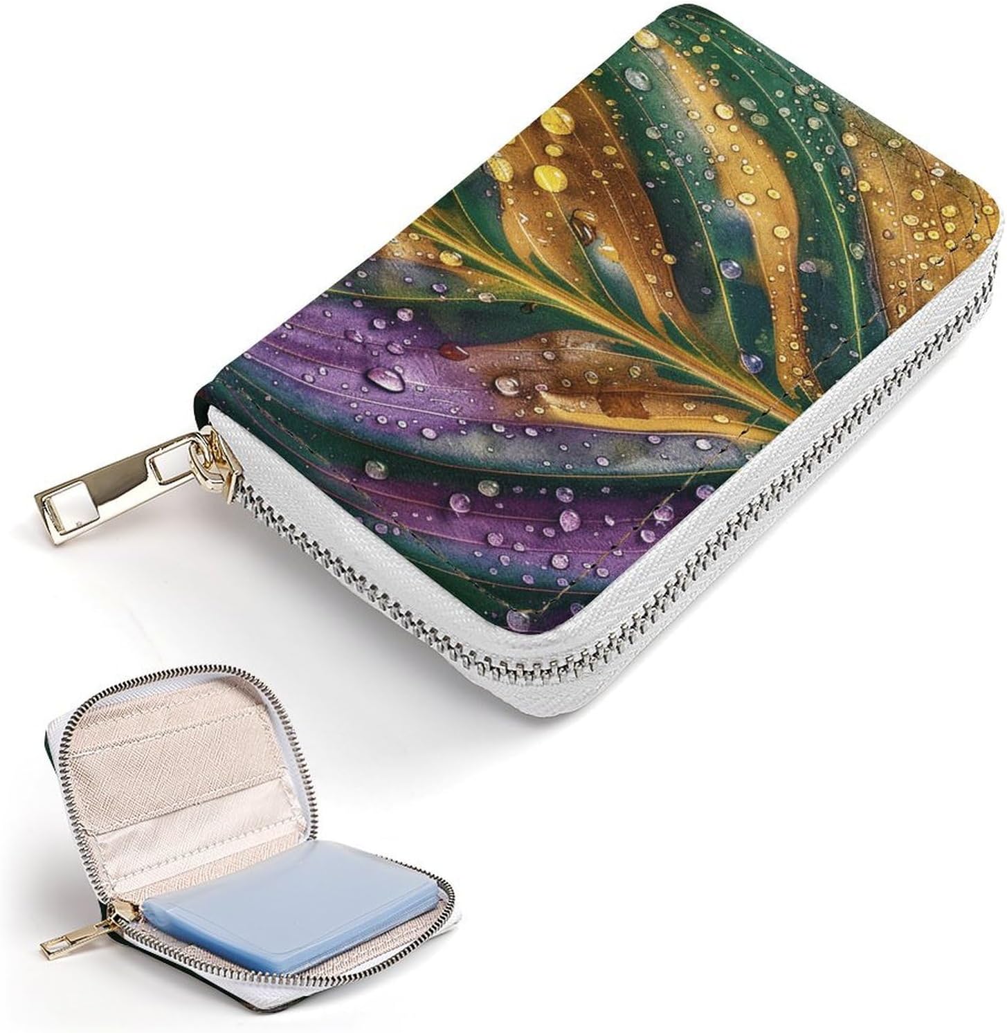 Leather Card Organizer Case Card Wallet Credit Card Holder Texture of Green Leaves Printed Zipper Card Cases Holder for Women Men